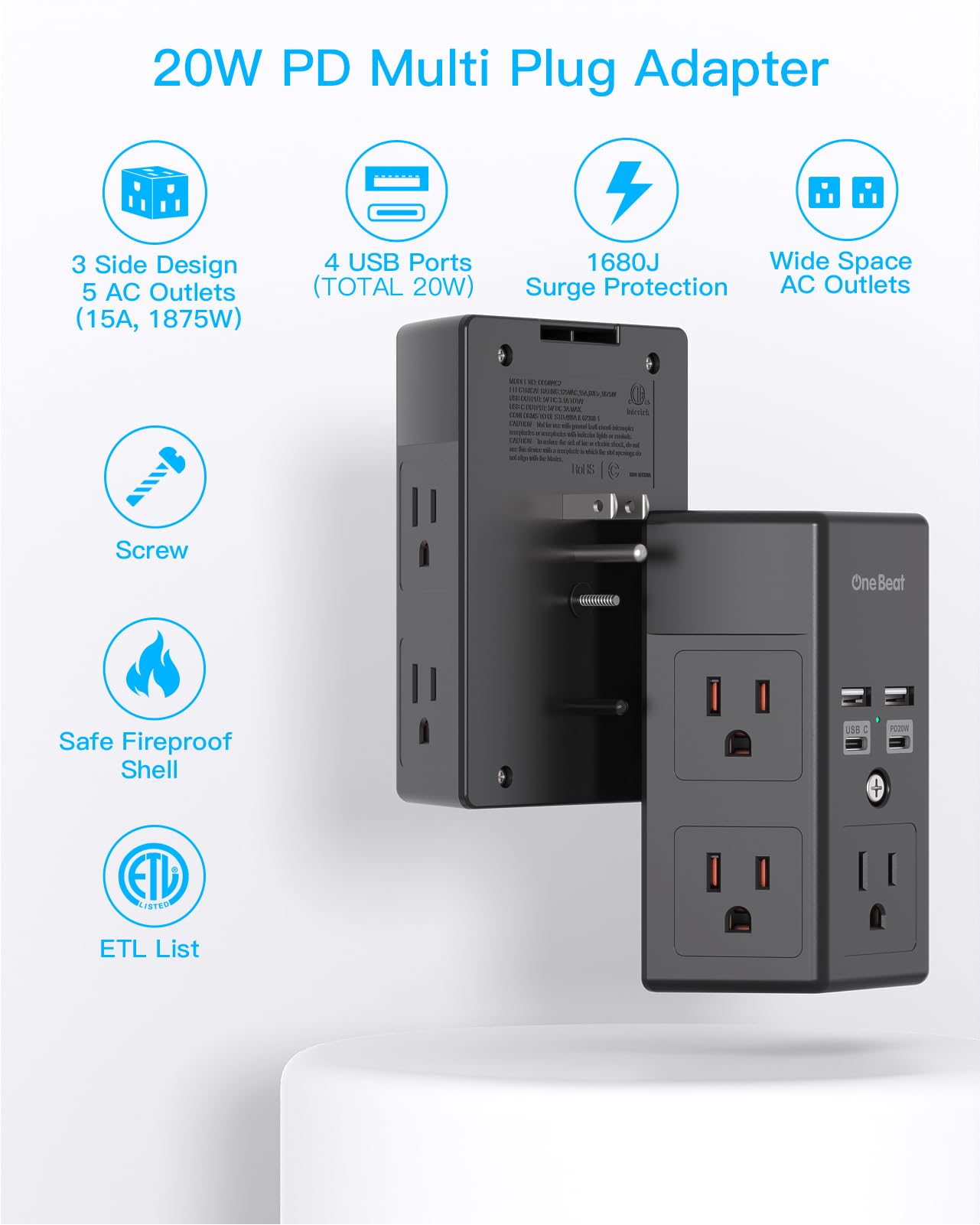 Surge Protector 5 Outlets Extender with 4 USB Ports - Tech Meets Trend