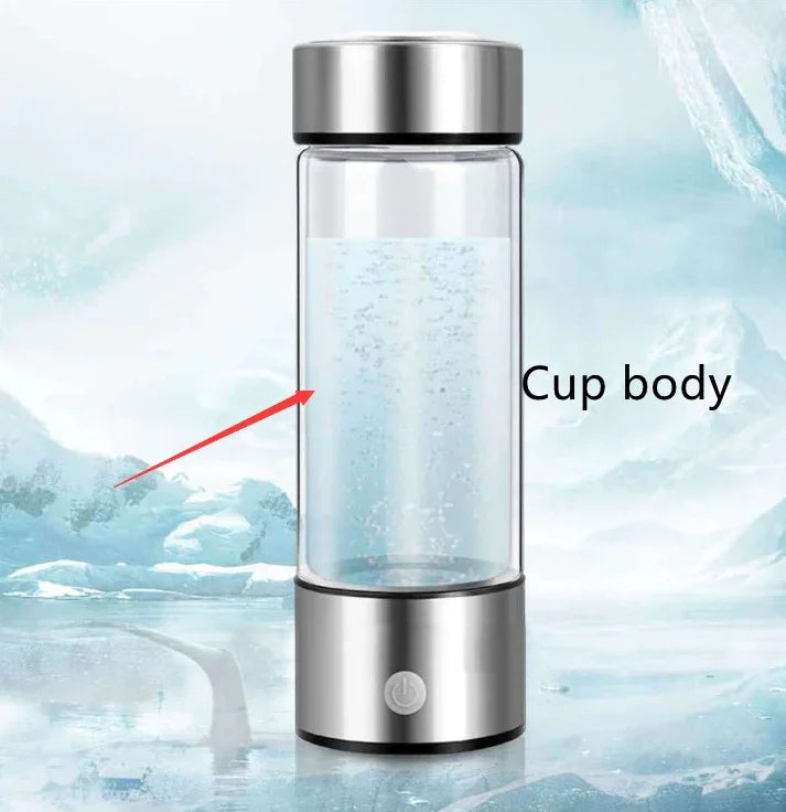 Electric portable hydrogen water bottle with clear glass body and stainless steel base and lid