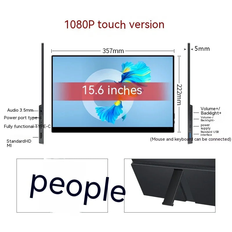 15.6 inch 1080P touch screen monitor with slim 5mm bezel, multiple ports including USB-C, HDMI, audio jack, and adjustable stand