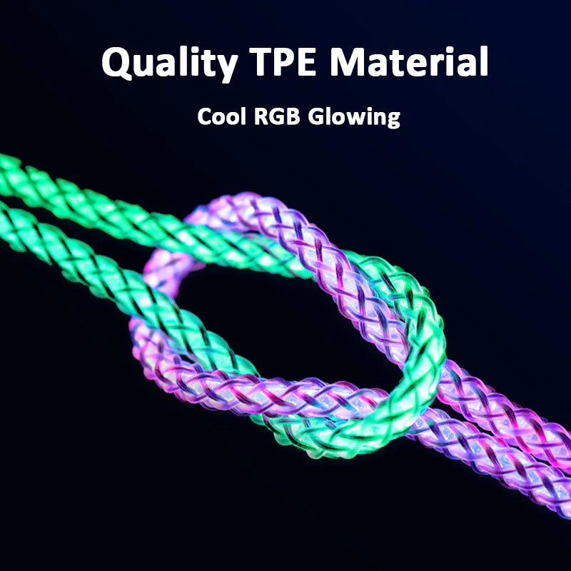 Braided glowing RGB cables made from quality TPE material with green and purple lighting