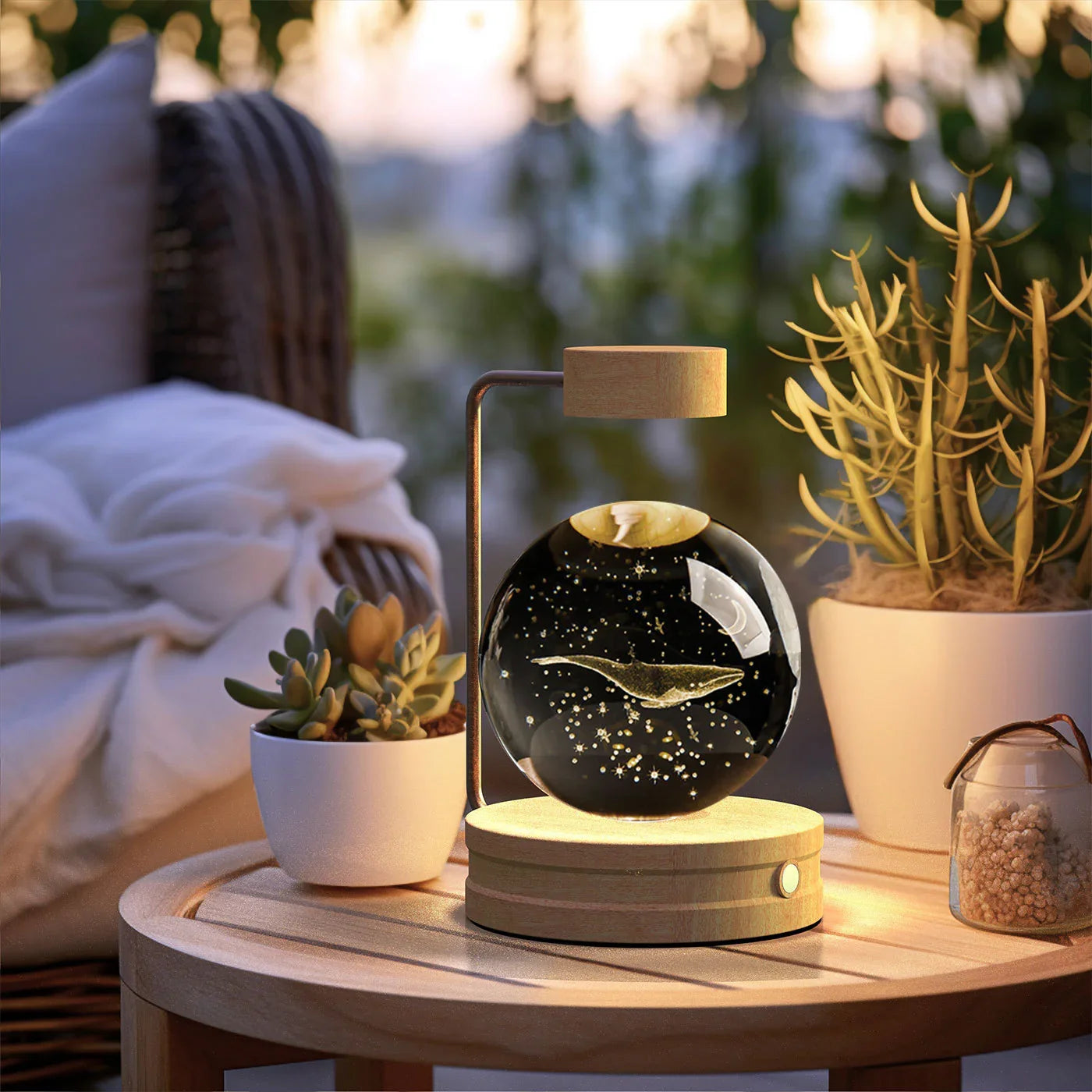 Floating glass orb lamp with golden whale and stars on wooden side table with plants
