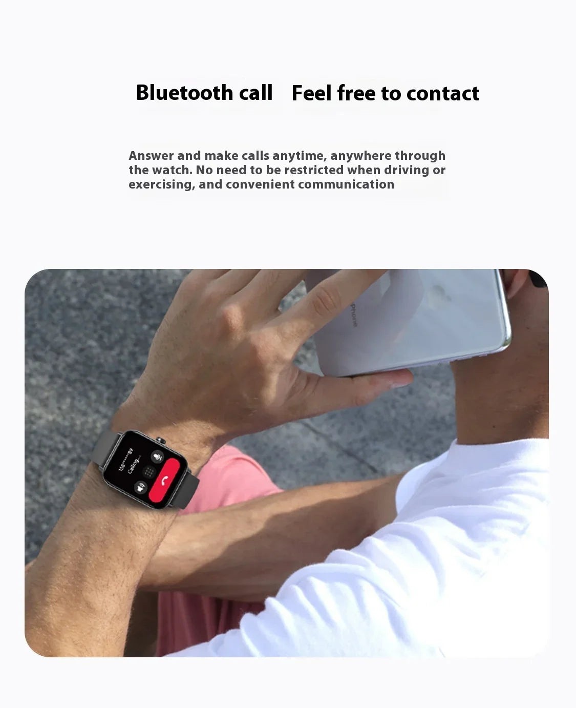 Man making a Bluetooth call on a black smartwatch while holding a white smartphone
