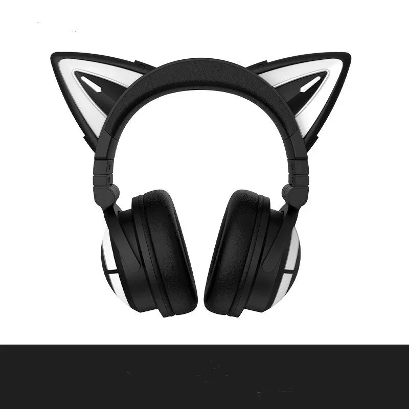 Black wireless over-ear headphones with white LED cat ears on a white background