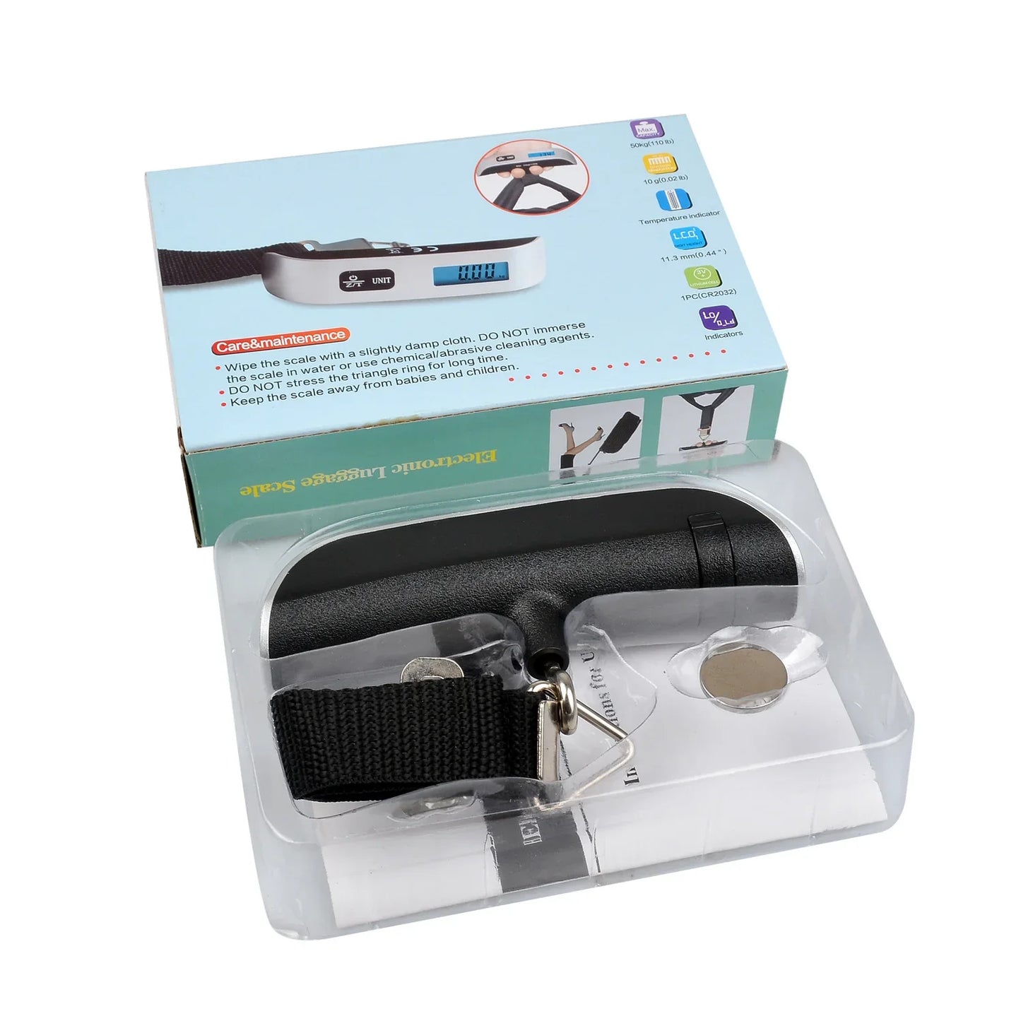 Digital luggage scale with black handle, strap, and blue backlit LCD in packaging