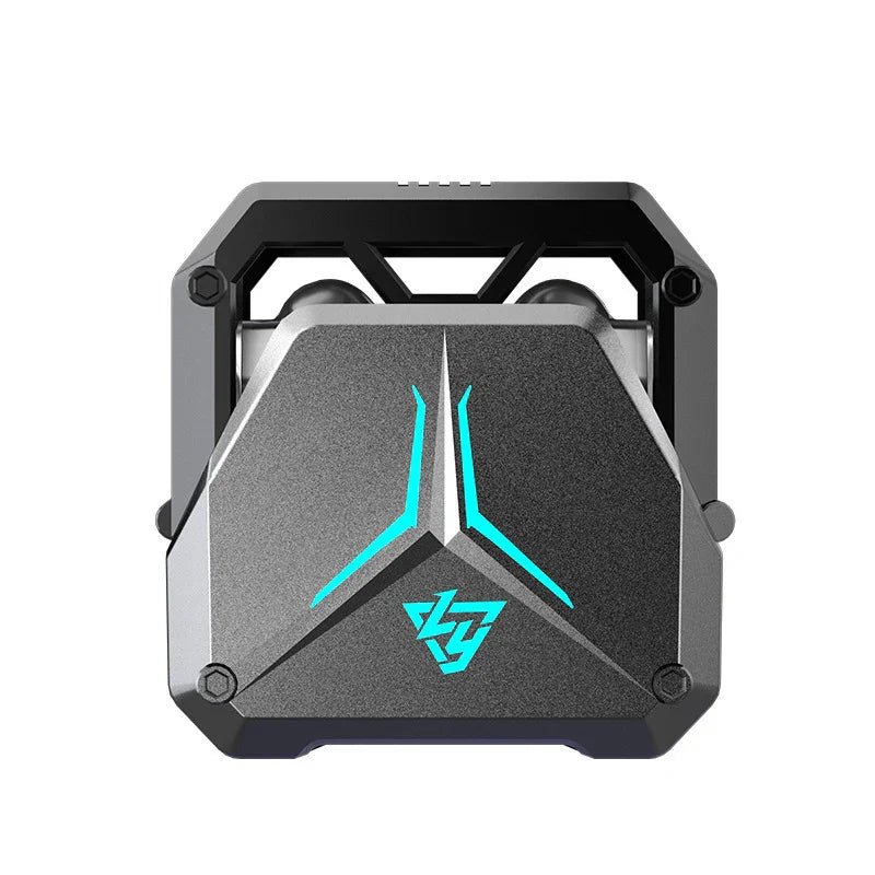 Black and gray compact electronic device with blue LED accents and a geometric logo on front