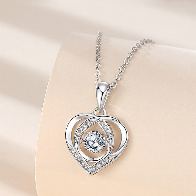 Silver-Plated Heart-shaped Rhinestone Necklace.