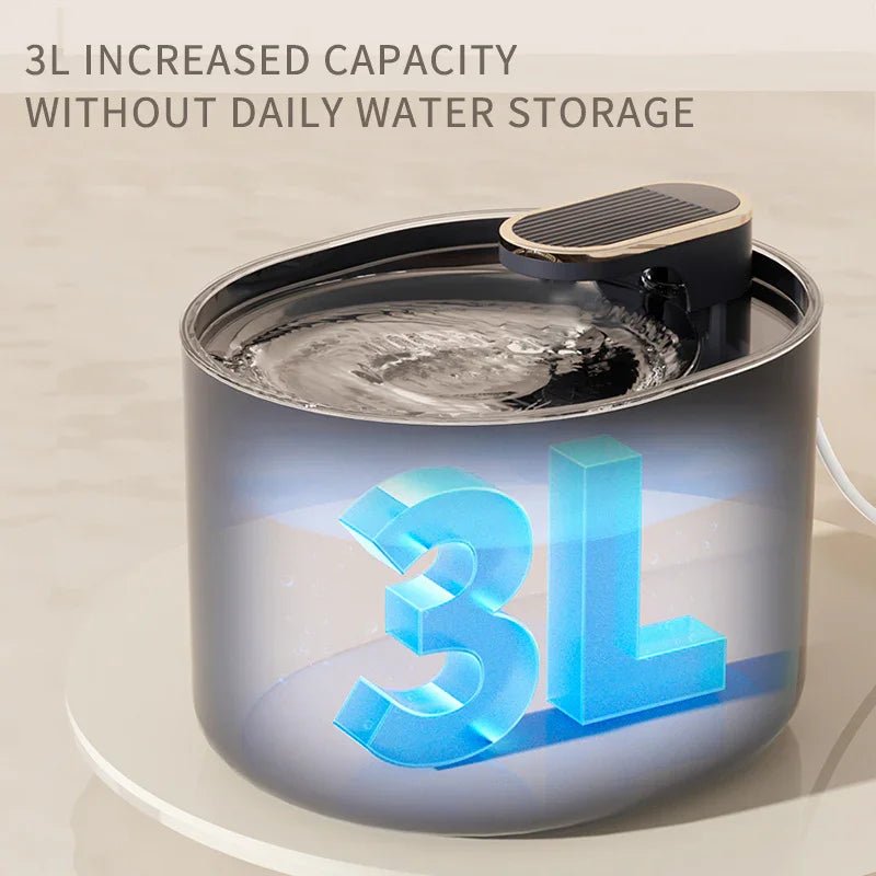 3-liter large capacity black pet water fountain with water flow and 3L text