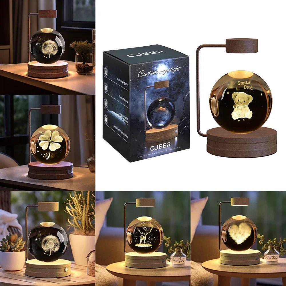 CJEER custom nightlight with floating glass orb and wooden base, showing various 3D designs like teddy bear, clover, dandelion, heart, and deer