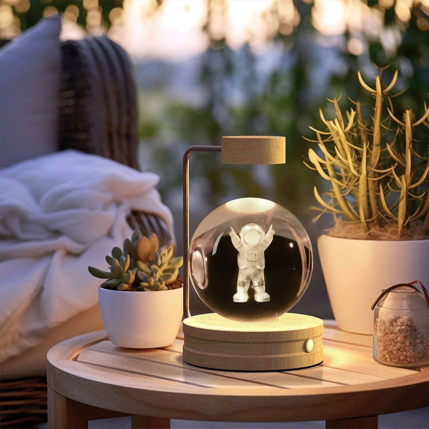 Modern levitating astronaut glass orb lamp on wooden table with potted succulents in cozy outdoor setting