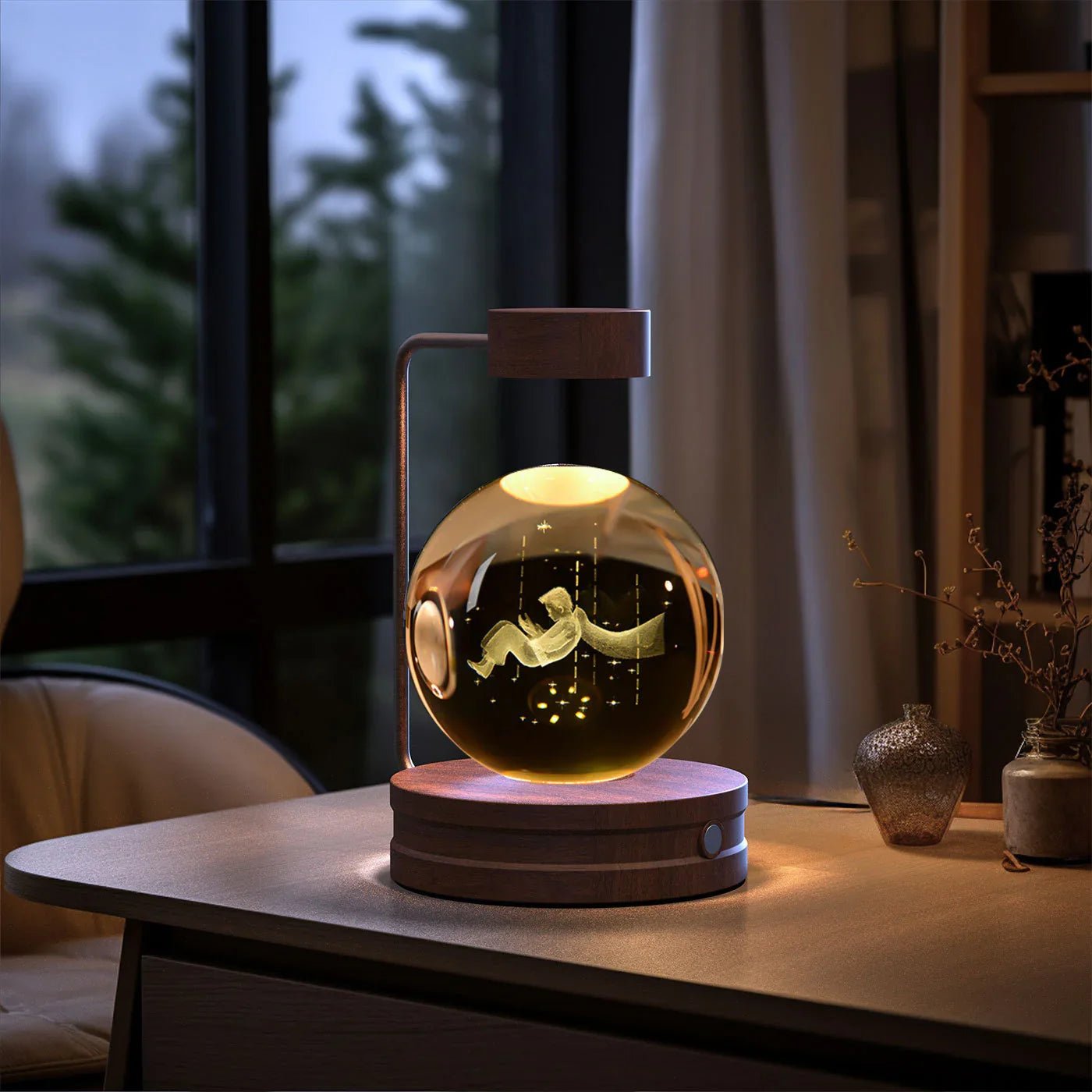Modern wooden base lamp with floating glass sphere showing astronaut design on desk