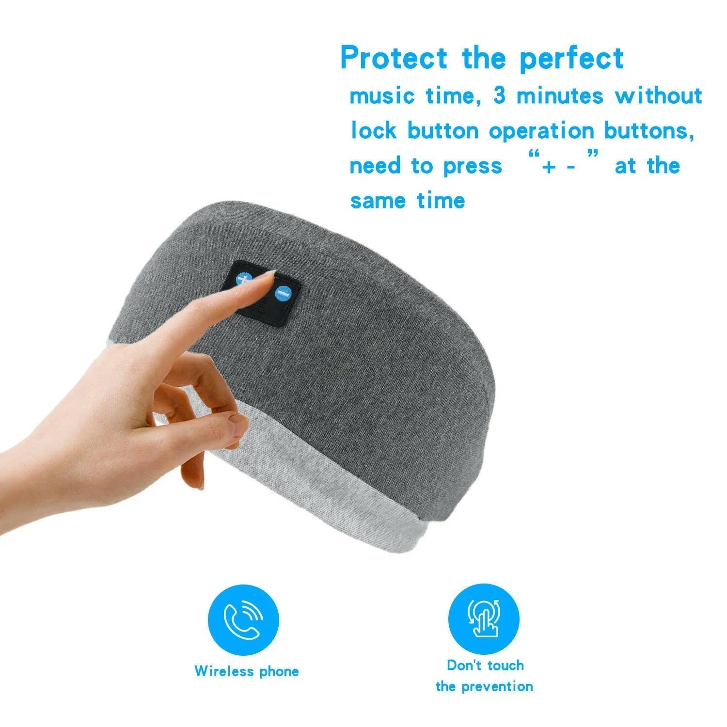 Hand pressing plus and minus buttons on gray wireless headphone ear cushion with lock function text
