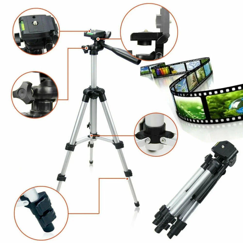 Adjustable silver camera tripod with black locks and quick-release mount, shown extended and folded