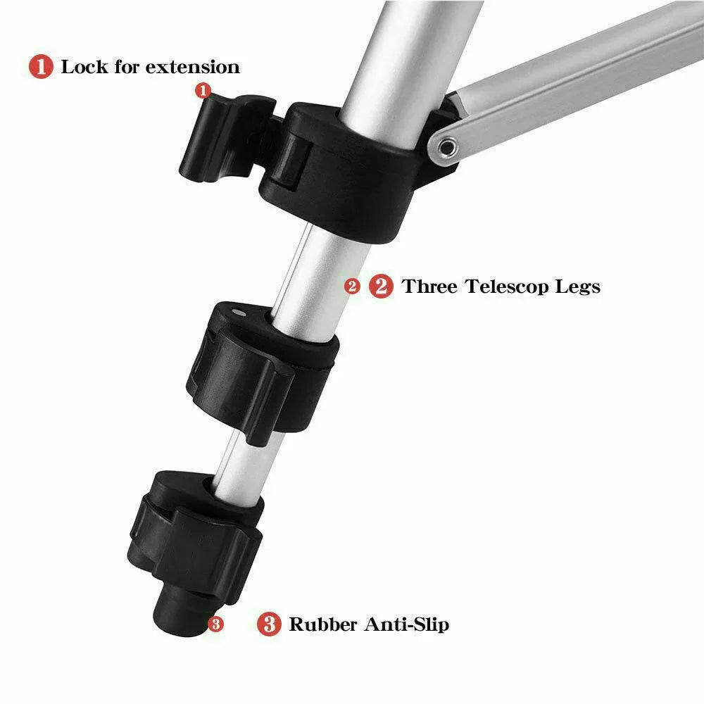 Close-up of tripod leg with lock for extension, three telescoping aluminum legs, and rubber anti-slip feet