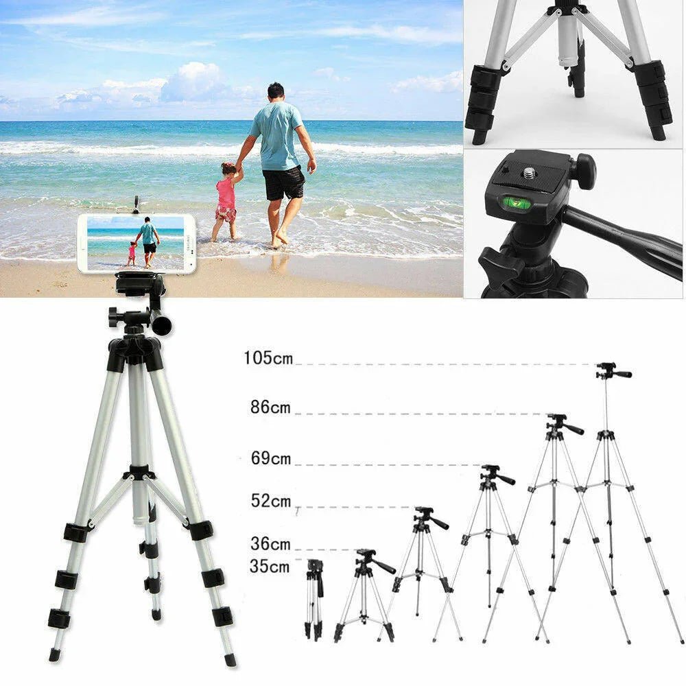 Adjustable aluminum tripod with smartphone mount capturing a father and child at the beach, showing height options