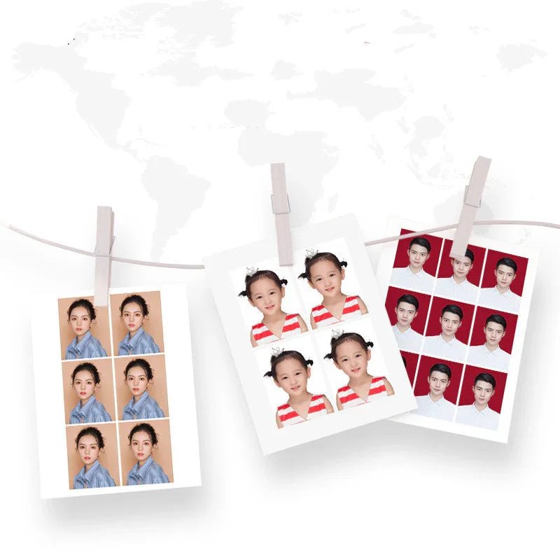 Passport photo sheets of woman, young girl in red striped top, and man in white shirt clipped on a rope