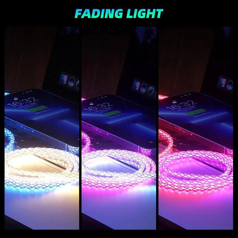 Three panels showing glowing braided USB charging cables in blue, purple, and pink next to a smartphone on a desk