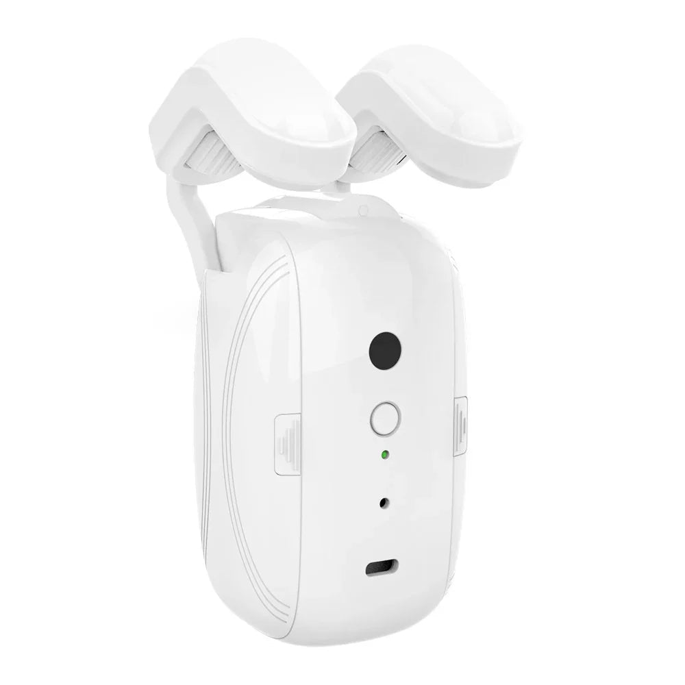 Compact white electronic pest repeller device with dual emitters and LED indicator light