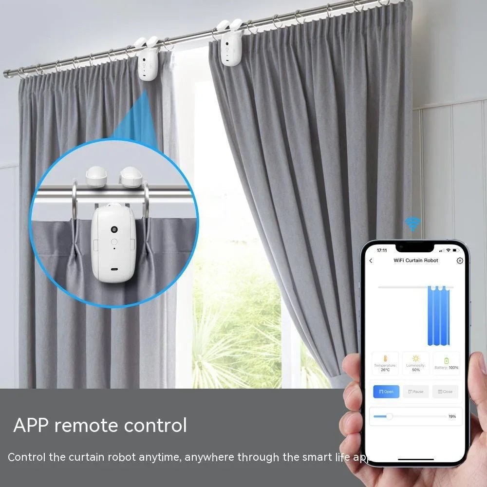 WiFi curtain robot on gray curtains controlled remotely via smartphone app with temperature and battery display