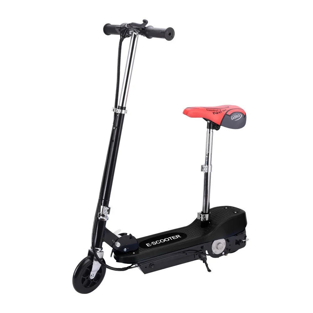 Black electric scooter with red saddle seat and handlebar grips isolated on white