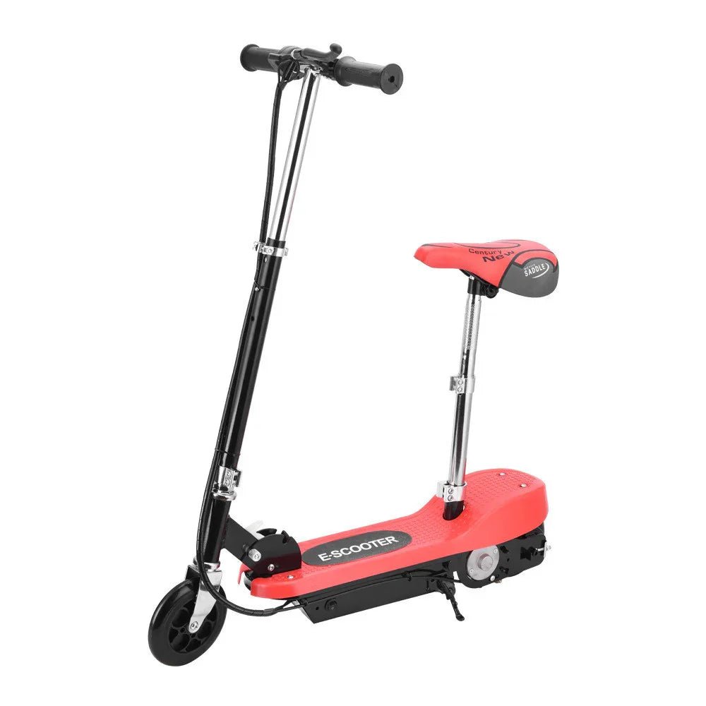 Red and black electric scooter with adjustable seat and handlebar grips on white background