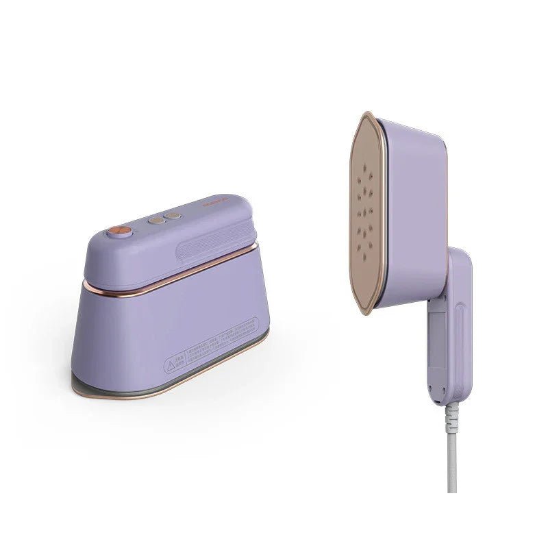 Compact lavender handheld garment steamer with gold accents, shown assembled and separated