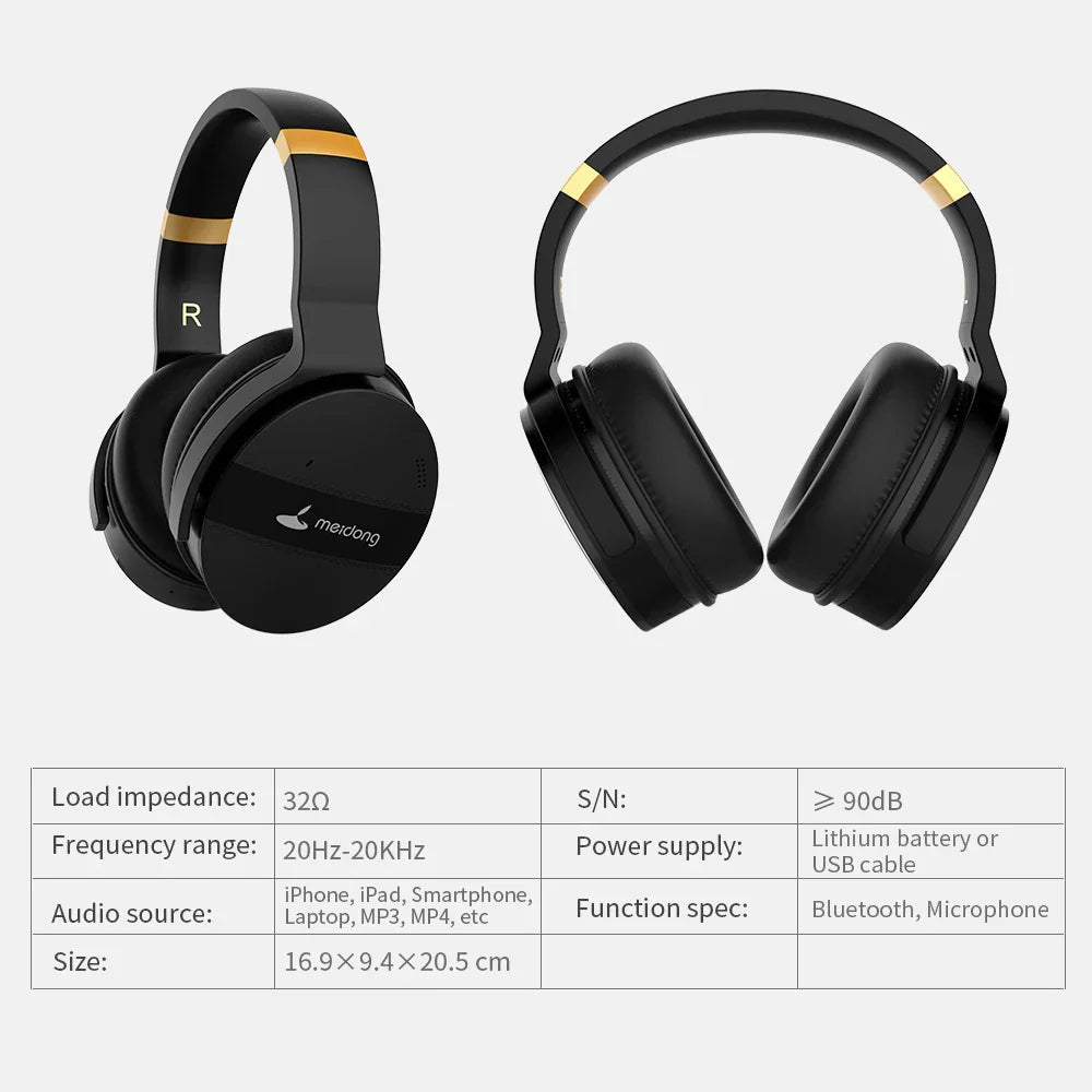 Black wireless Meidong over-ear headphones with gold accents and padded ear cups