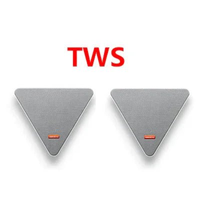 Two gray triangular wireless speakers with orange labels below red TWS text on white background