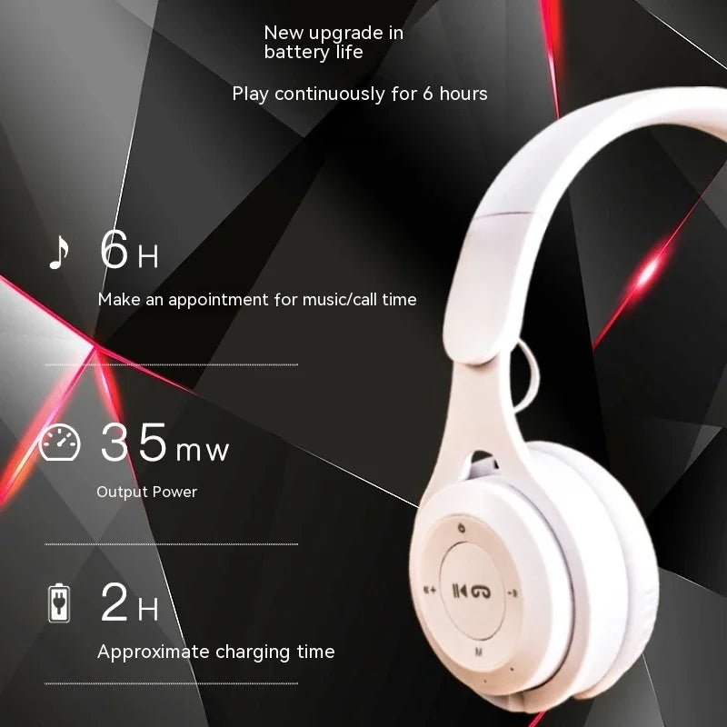 White wireless headphones with 6-hour playtime, 35mw output power, and 2-hour charging on black geometric background