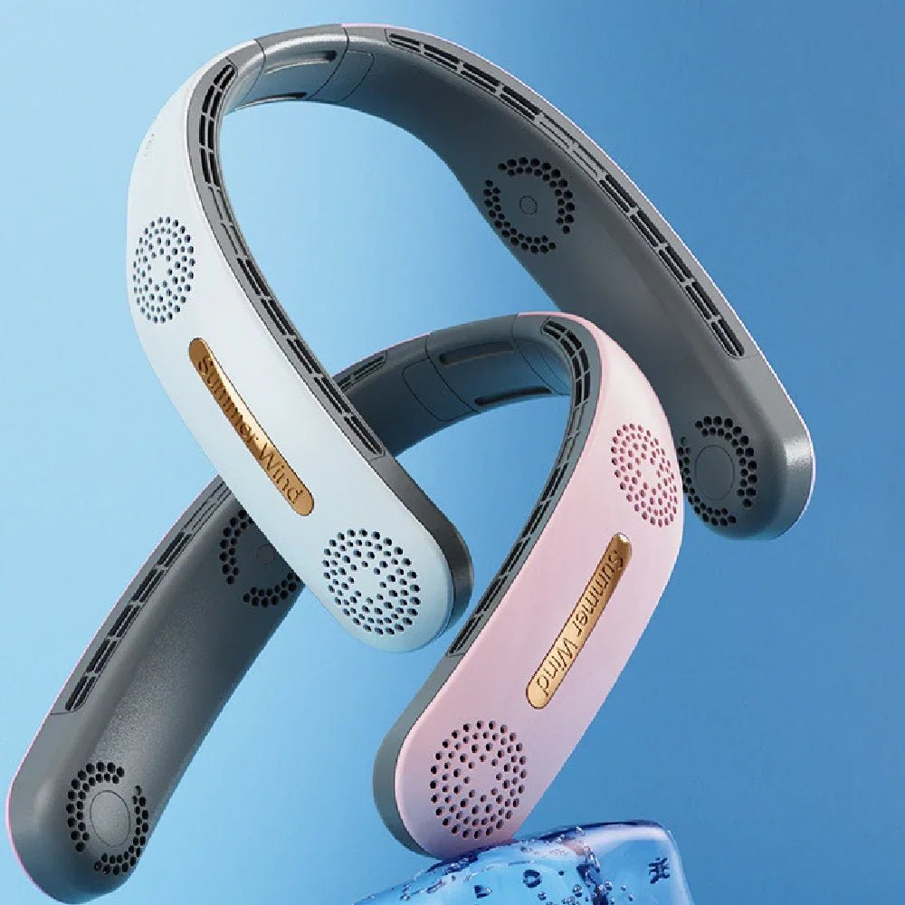Portable wearable neck fans in blue and pink colors with ventilation holes floating against a blue background