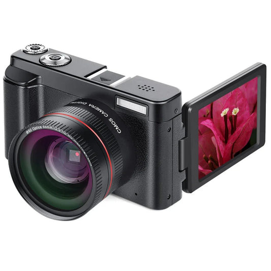 Black DSLR camera with large lens and flip-out LCD showing pink flowers