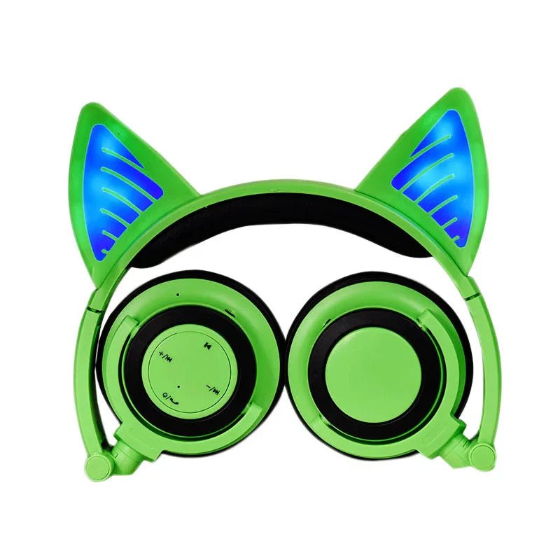 Green cat ear wireless headphones with blue LED lights and built-in controls