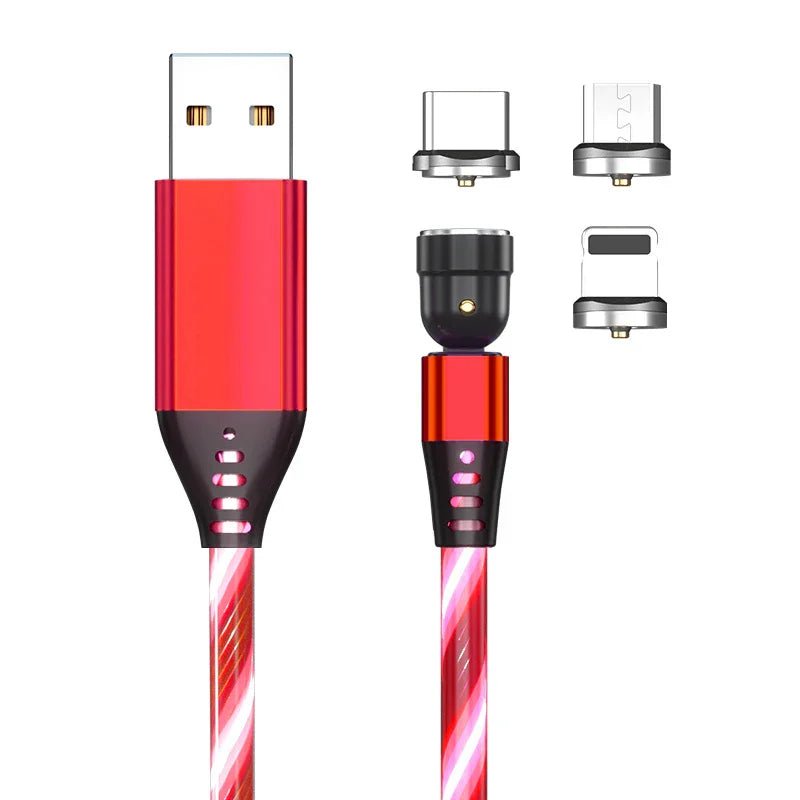 Red USB charging cable with magnetic adapter and three connector tips: USB-C, micro USB, and Lightning