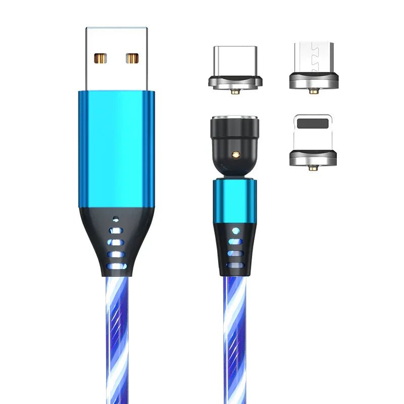 Blue USB magnetic charging cable with detachable connectors for USB-C, Micro USB, and Lightning devices