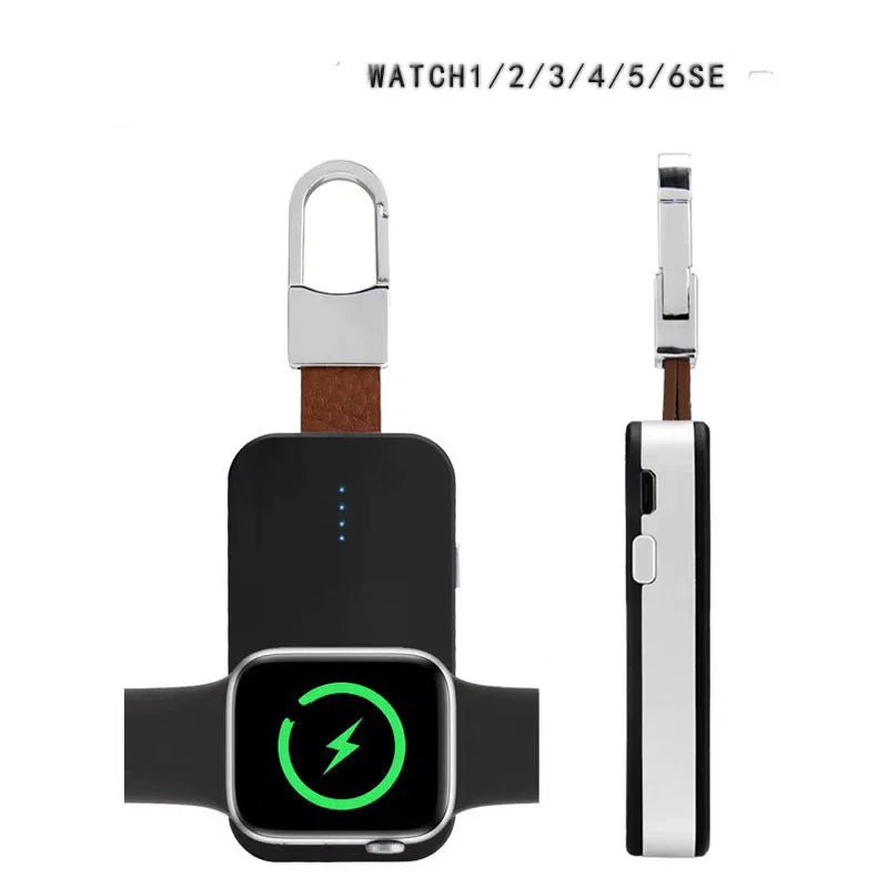 Portable black wireless charger with metal hook charging Apple Watch Series 1 to 6 and SE