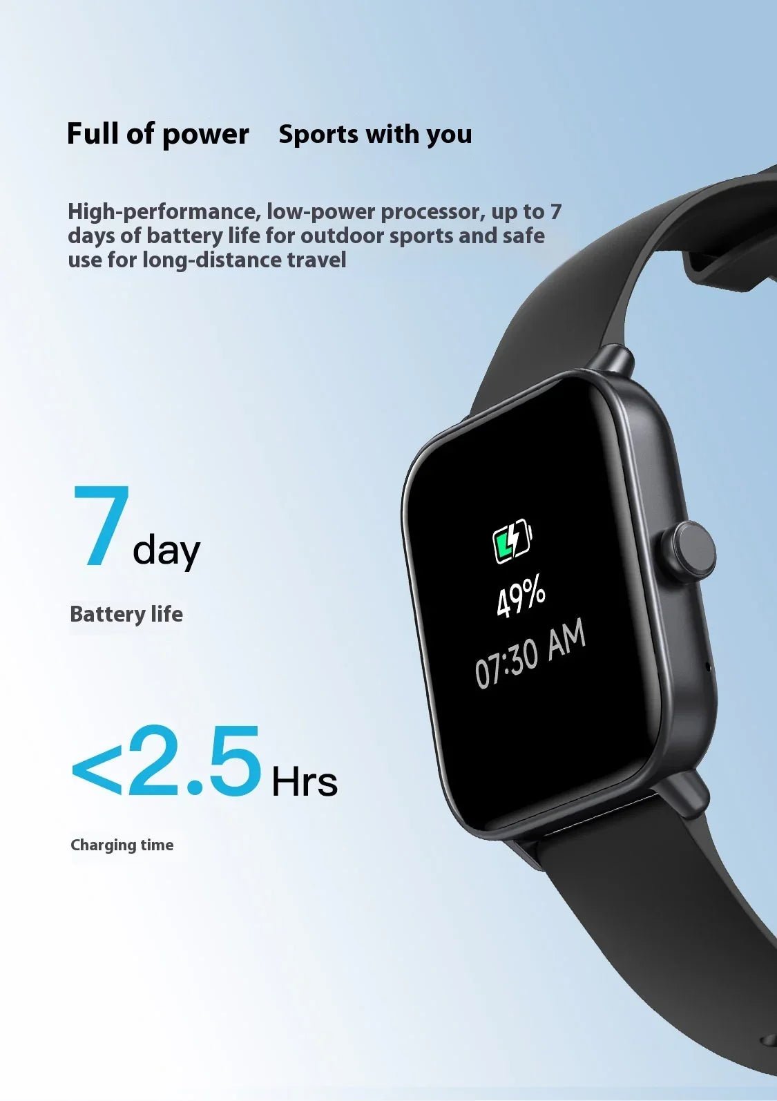 Black smartwatch with 49% battery on screen, 7-day battery life, and under 2.5 hours charging time