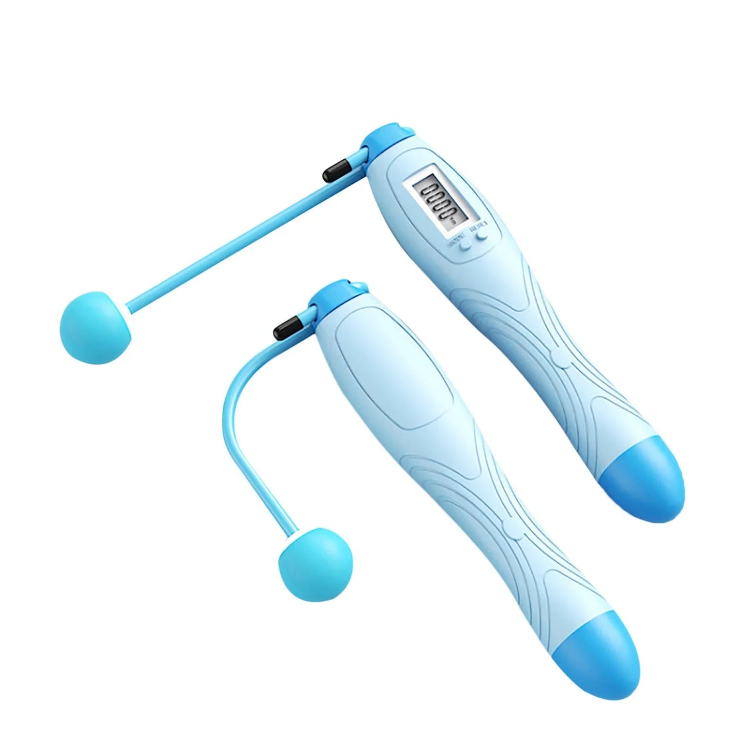 Light blue digital jump rope with ergonomic handles and LCD counter display