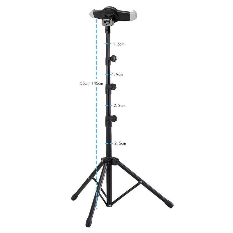 Adjustable black tripod stand with clamp and height measurements from 55cm to 145cm on white background