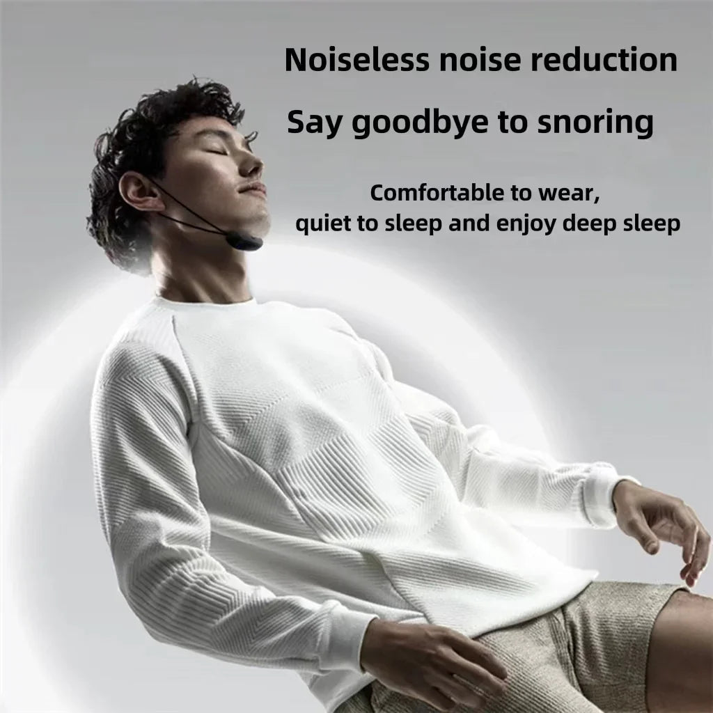 Man wearing anti-snoring device with noiseless noise reduction, promoting deep and quiet sleep