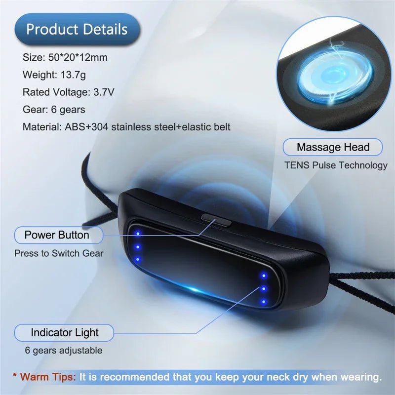 Compact black neck massager with blue LED power and indicator lights, TENS pulse massage head