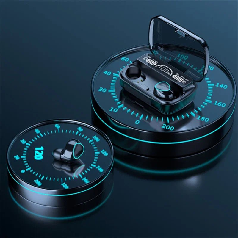 Black wireless earbuds with digital battery display in sleek charging case on futuristic glowing platform