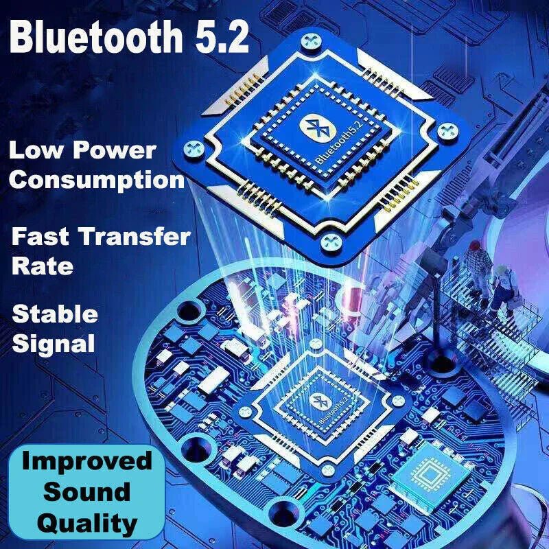 Bluetooth 5.2 chip on blue circuit board highlighting low power, fast transfer, stable signal, and improved sound quality