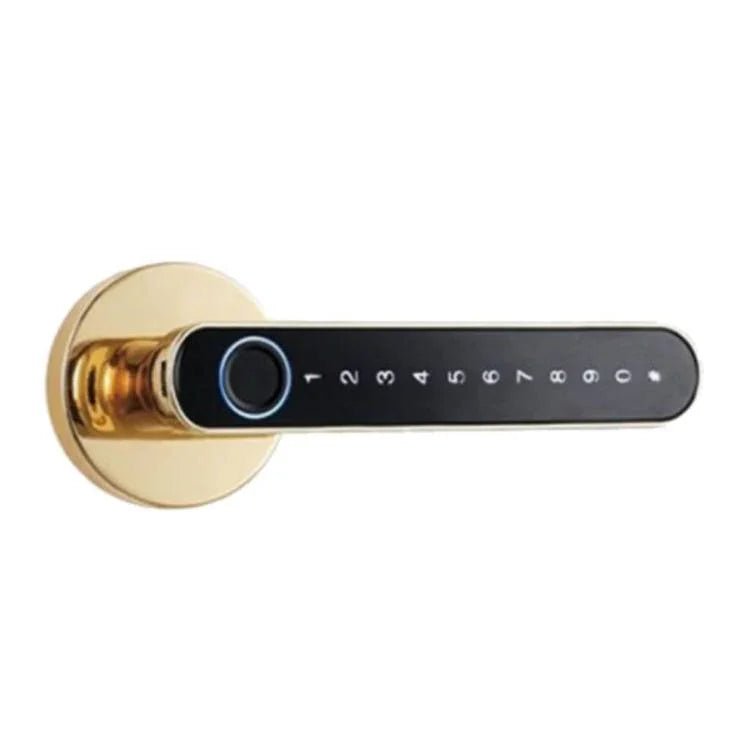 modern gold door handle with black keypad featuring numbers 0-9 for secure access