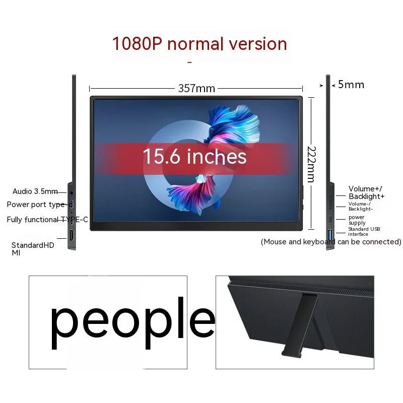 15.6-inch 1080P portable monitor with 357mm width, 222mm height, 5mm thickness, USB-C, HDMI, audio ports