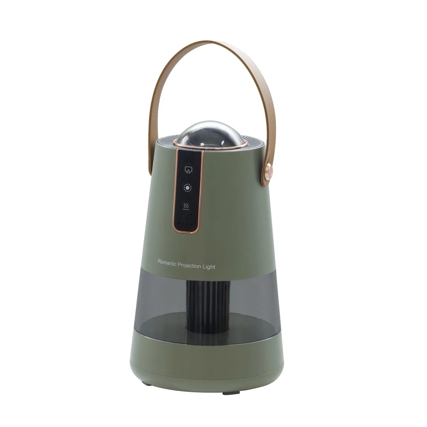 Green romantic projection light with leather handle and control buttons on white background