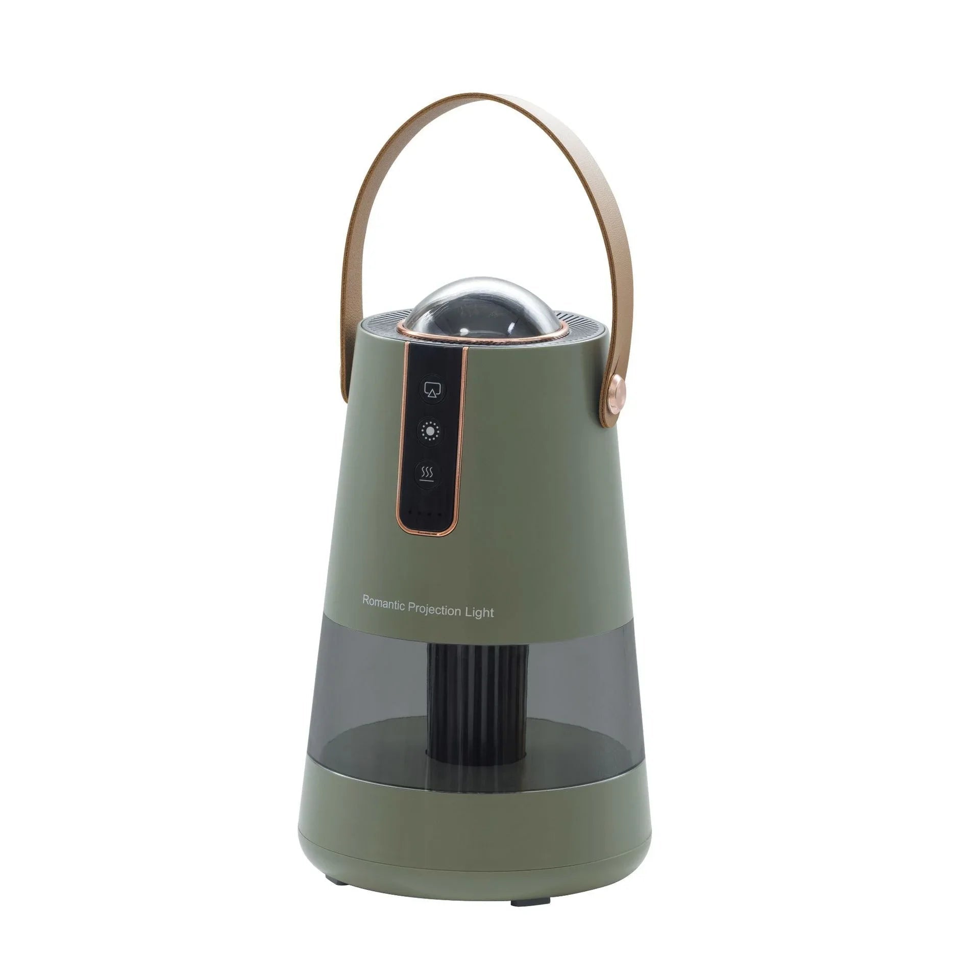 Green romantic projection light with leather handle and control buttons on white background