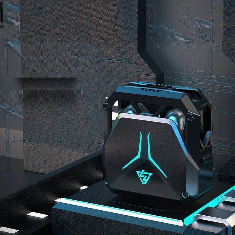Compact black portable electronic device with blue LED lights on a futuristic metallic surface