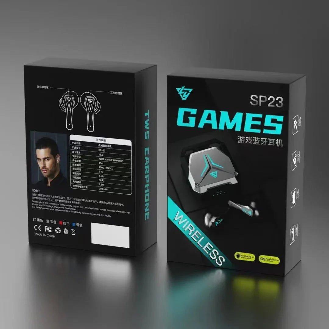 Black packaging of SP23 wireless TWS gaming earphones with blue accents and product specs